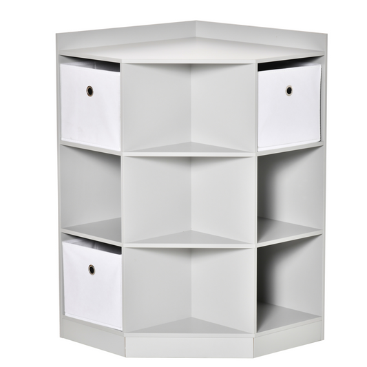 White corner storage unit with open shelves and drawers on a white background