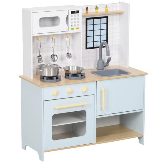 Kids Wooden Play Kitchen with Stove, Oven & Sink – Blue & White