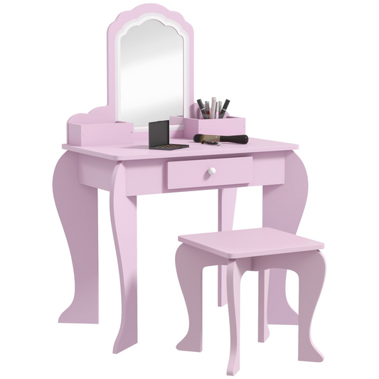 Kids Vanity Table & Stool Set with Cloud Mirror – Pink