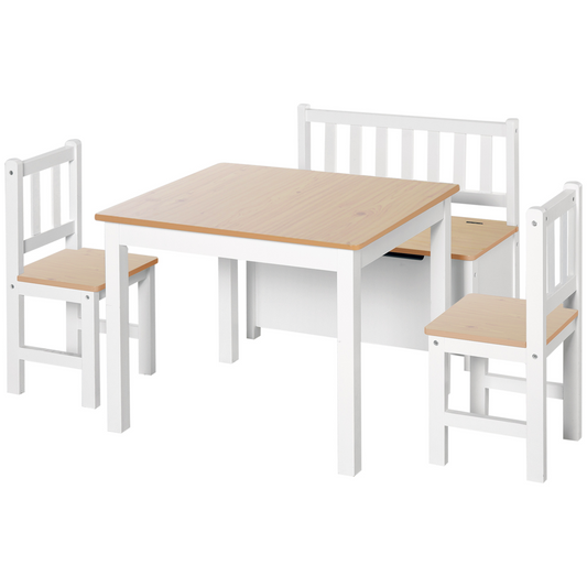 4-Piece Set Kids Wood Table Chair Bench Storage Function for 3 Years+ HOMCOM